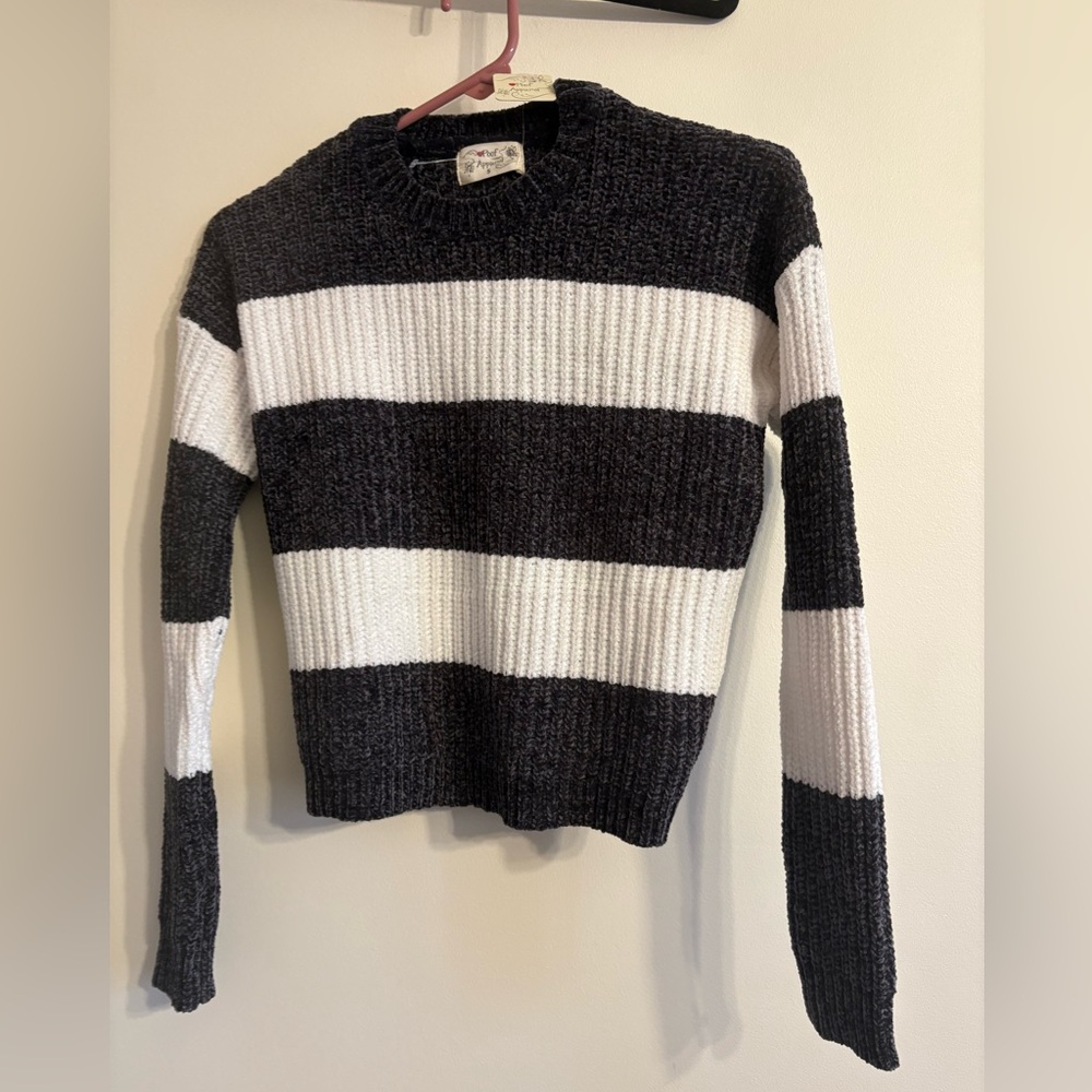 New with Tags By Poof Apparel Striped charcoal and White chenille Sweater